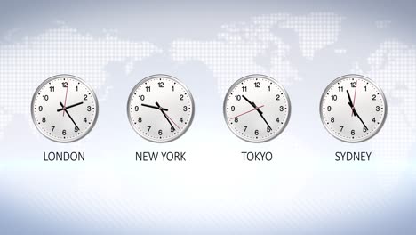 reloj de negocios 4k cuenta atrás 12 horas en 30 segundos. bolsa de valores. antecedentes de noticias. cuatro zonas horarias