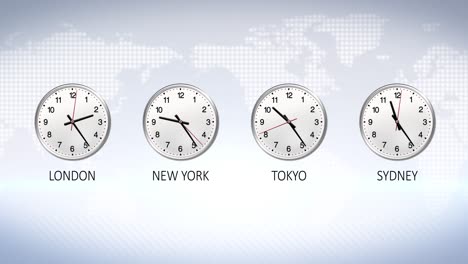 4k business clock counting down 12 hours over 30 seconds. stock exchange. news background. four time zone