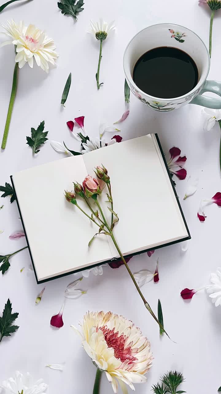 Floral Still Life with Coffee and Notebook