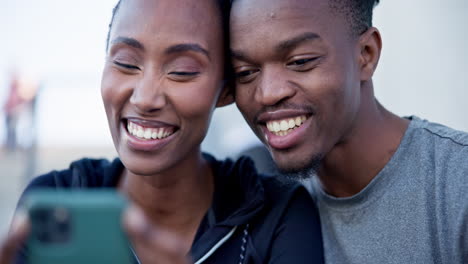 phone, typing and funny couple outdoor in city