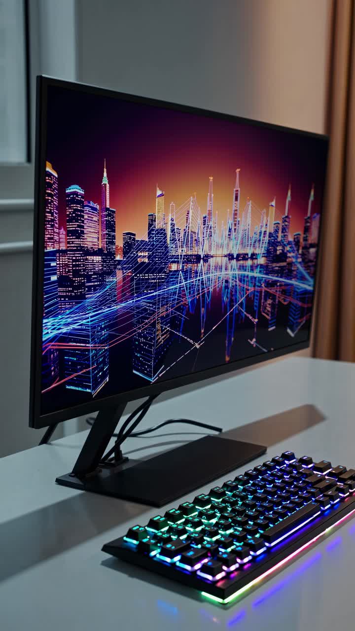 A side-angle shot of a sleek monitor displaying a vibrant cityscape video, paired with a colorful