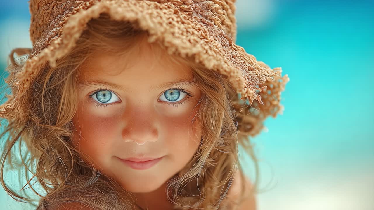 Um Retrato Cativante de uma Criança Pequena com Olhos Azuis Cintilantes e um Charmoso Chapéu de Palha Contra um Fundo Aquático Suave.