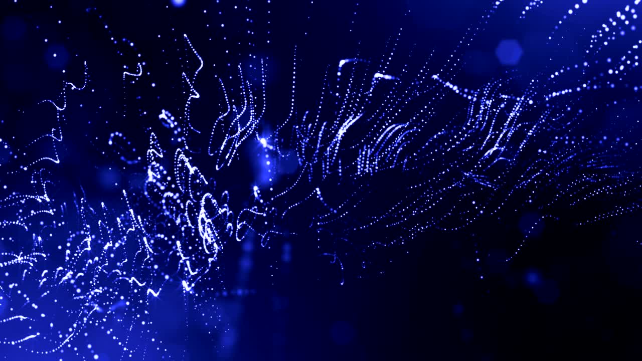 la animación de bucle de renderizado 3d de las partículas de brillo forma líneas oscilantes como guirnalda oscilante como fondo festivo o fondo abstracto de partículas con profundidad de campo y bokeh como bucle vj. azul 8