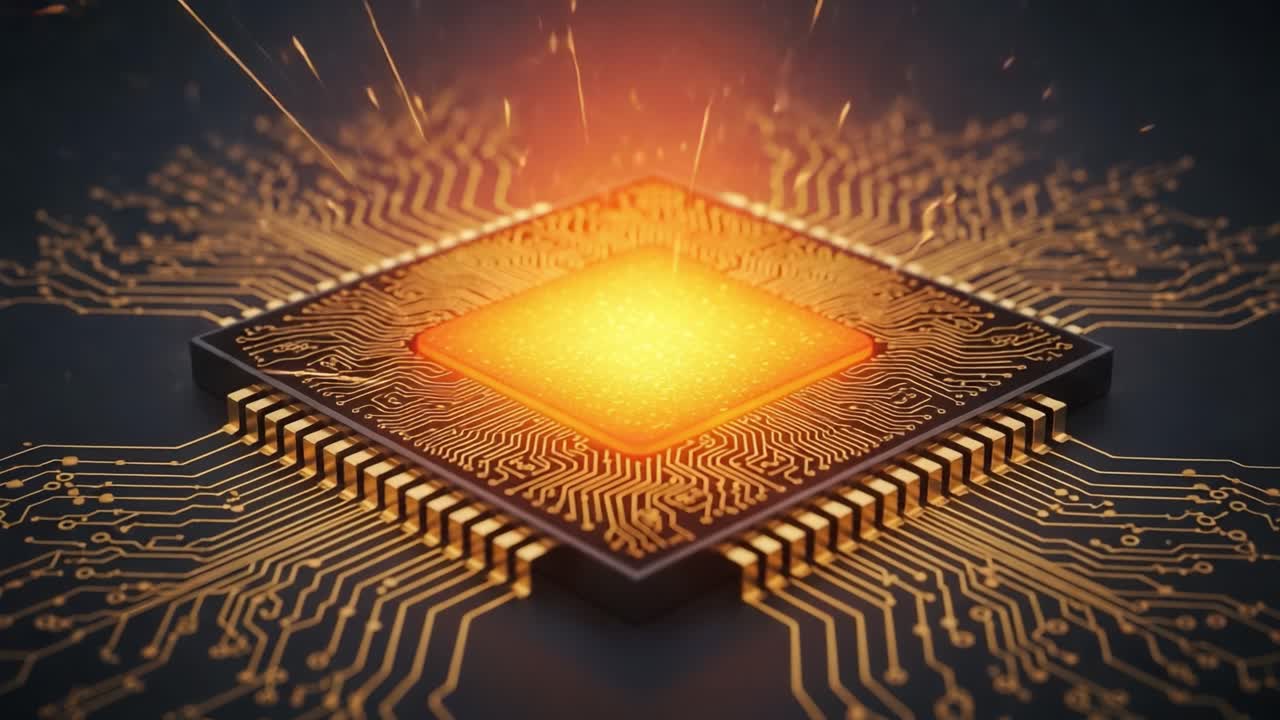 Dynamic Visuals of a Microchip with Fiery Sparks: A Glimpse into the Heart of Technology and Innovation