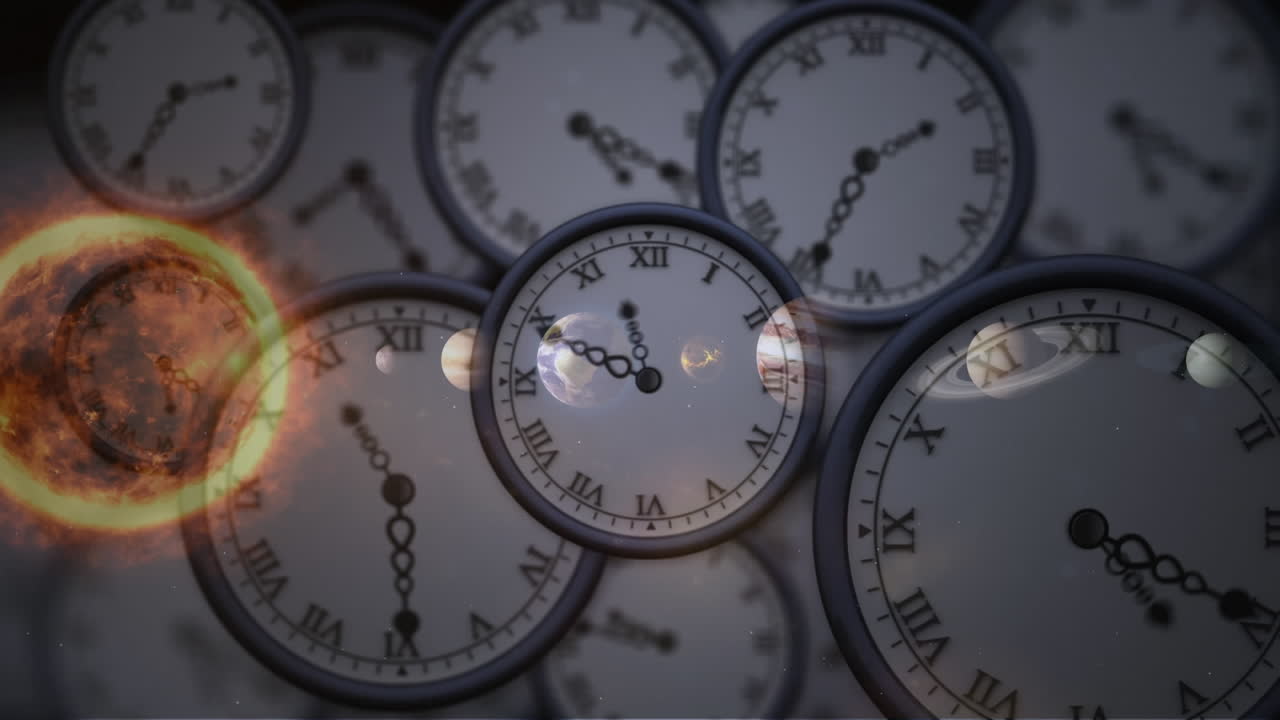 태양계, 행성 및 공간의 애니메이션 시계의 타이킹