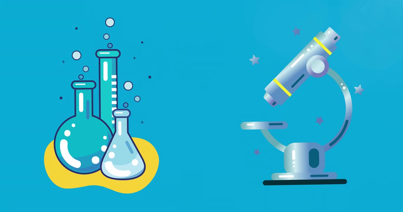 Animation of school science beakers and microscope over blue background