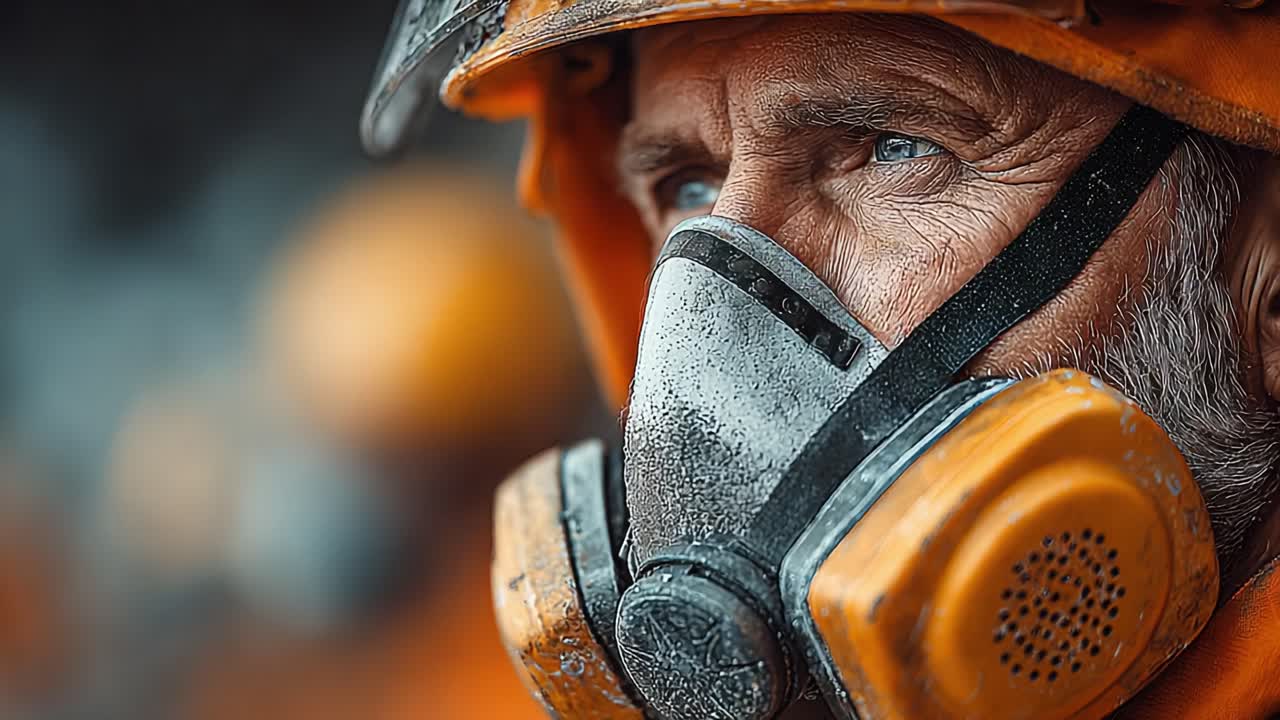 Focused Worker in Protective Gear: Capturing the Determination and Safety Consciousness of an Individual in Heavy Industry While Wearing a Respirator and Helmet