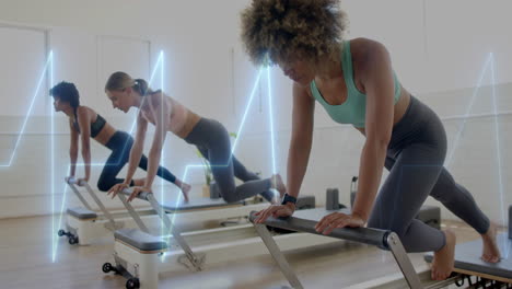 exercising on reformer machines, women with heartbeat animation overlay in gym