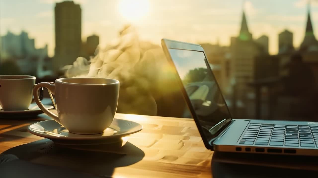 A cup of coffee and a laptop on a desk by a window with a city view