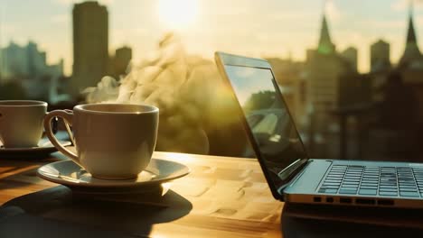 eine tasse kaffee und ein laptop auf einem schreibtisch bei einem fenster mit stadtansicht