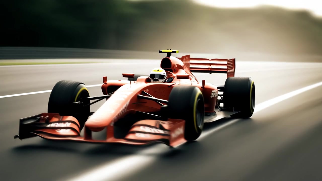 Rød Formel 1-racerbil som kjører i stor fart på en bane