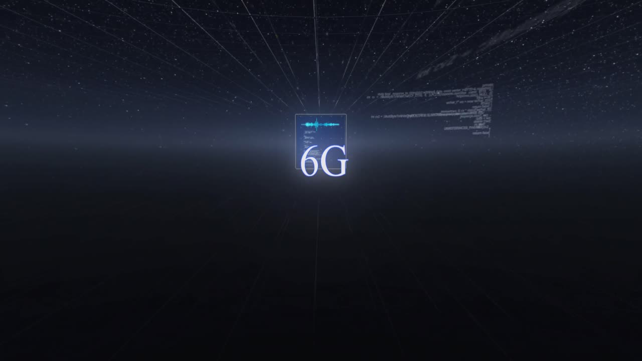 animación de texto de 6g, procesamiento de datos y globo en pantallas sobre fondo azul oscuro