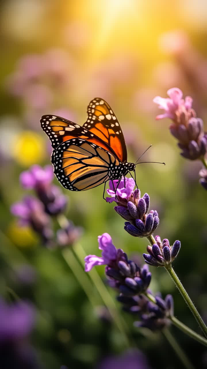Farfalla Monarca su Fiore di Lavanda alla Luce del Sole
