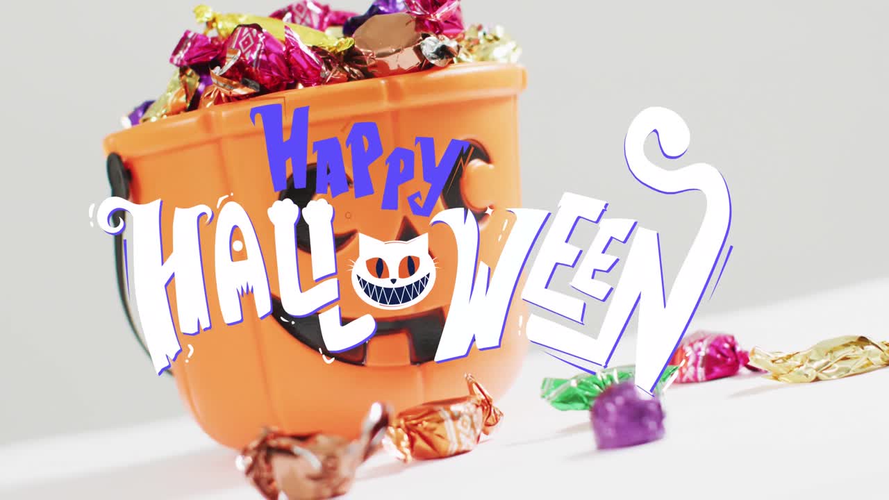 달 ⁇ 한 오렌지색 호박 버 ⁇  위에 고양이와 함께 행복한 할로윈 텍스트의 애니메이션