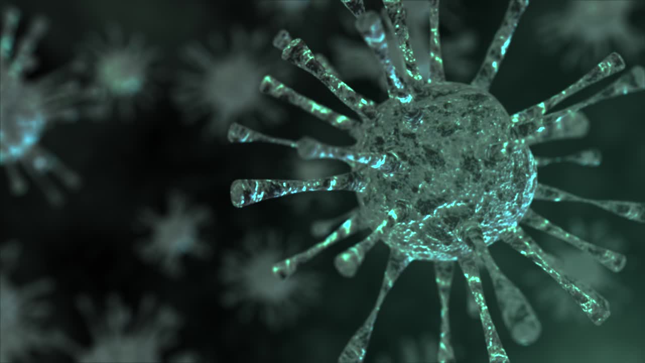 Realistic 3D animation of a COVID-19-like virus simulated to represent extreme magnification under a microscope