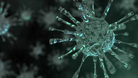 realistic 3d animation of a covid-19-like virus simulated to represent extreme magnification under a microscope