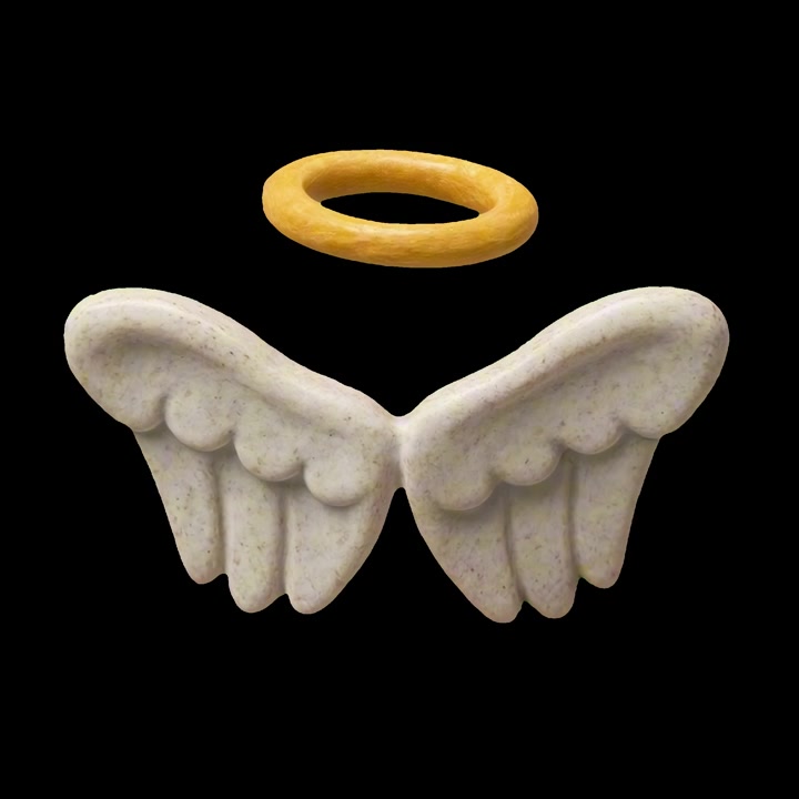 3D Rendered Angel Wings and Halo Floating on Black Background