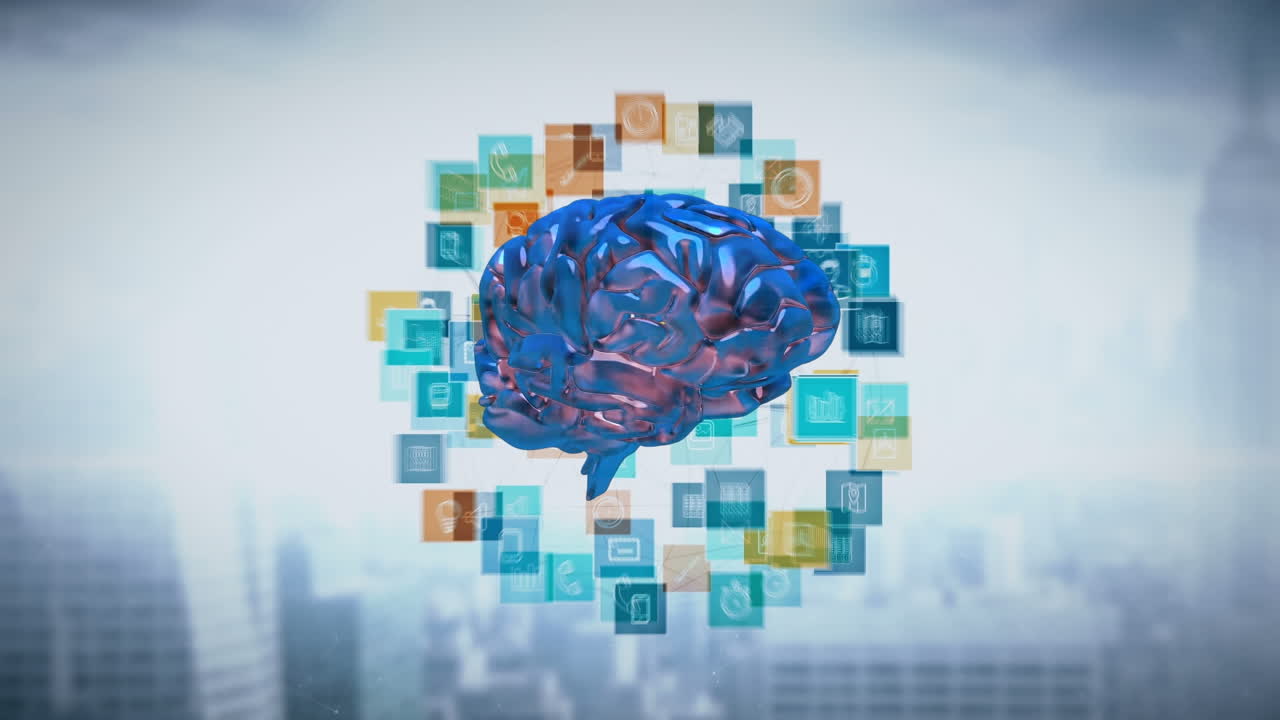 animación del cerebro digital y los iconos de los medios sobre el paisaje urbano