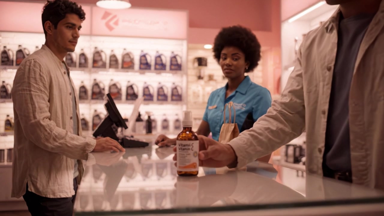 A Customer Interacts with a Store Attendant Inside a Stylish Beauty Supply Shop, Surrounded by Various Hair Products and a Modern Retail Environment.