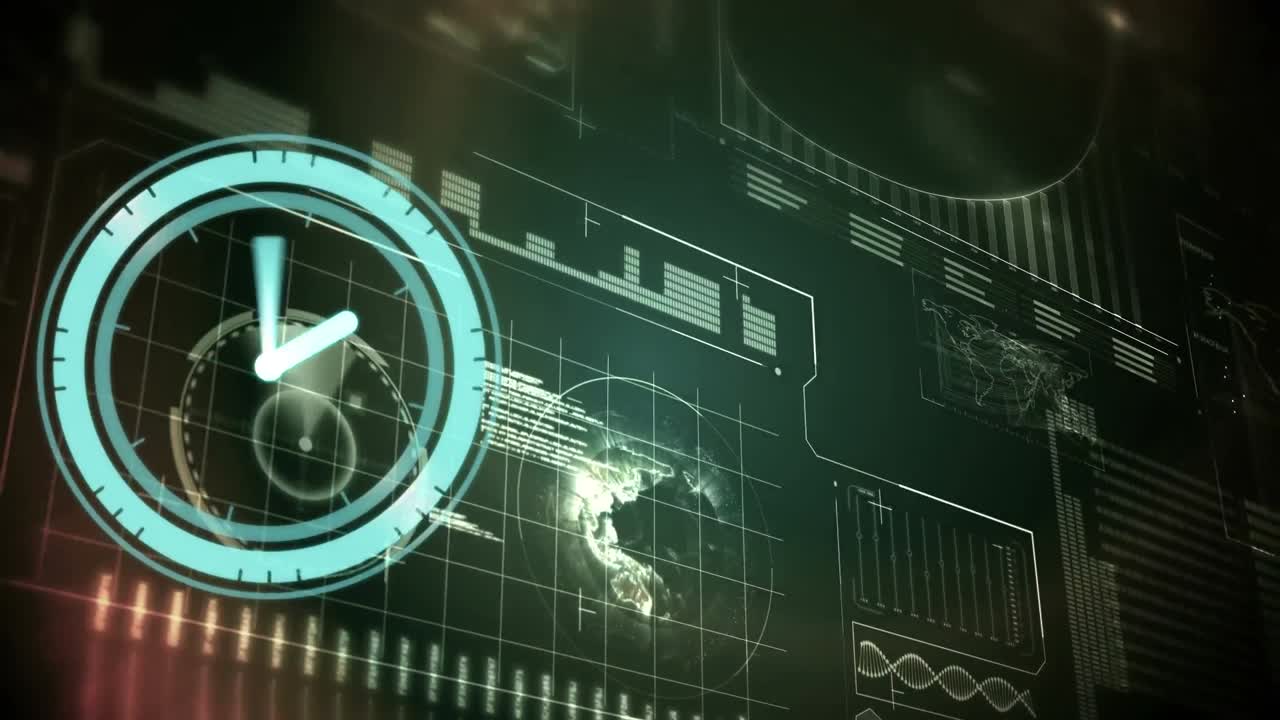 Animation of clock moving over data processing on black background