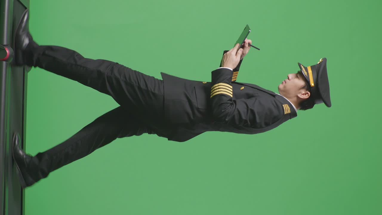 녹색 화면에서 태블릿을 사용하는 조종사