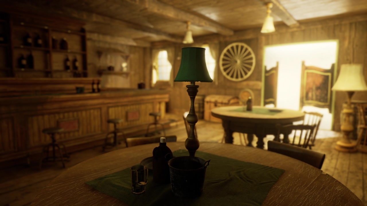 Warm tavern ambiance with soft sunlight and vintage decor details
