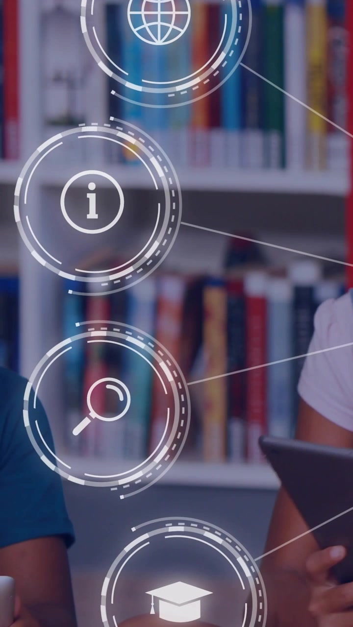 Vertical video: Two girls with mug, tablet, HUD overlaying right girl and animating icons for study