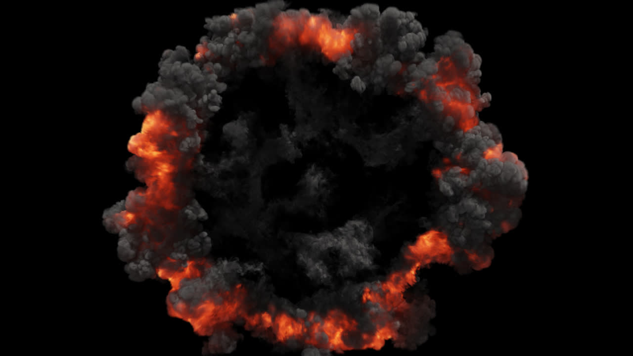 Esplosione circolare di fuoco con fumo denso su sfondo nero.