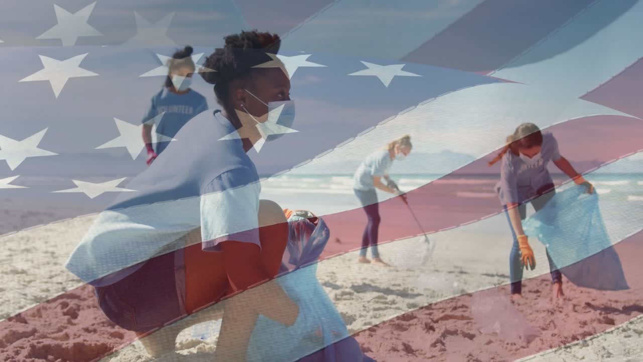 얼굴 마스크를 쓰고 해변을 청소하는 사람들 위에 미국 국기의 애니메이션