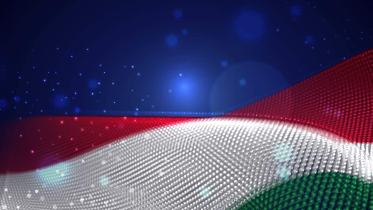 bandera húngara ondeando sobre fondo azul con llamaradas brillantes, bucle de movimiento