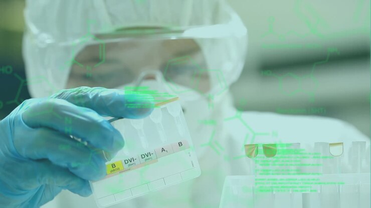 A student in a protective suit comparing samples at a university