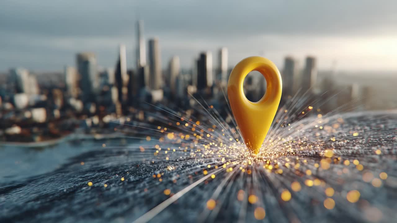 Dynamic Close-up of a Yellow Location Pin Marking a Geographical Point, Surrounded by Sparkling Particles Against a City Skyline Background