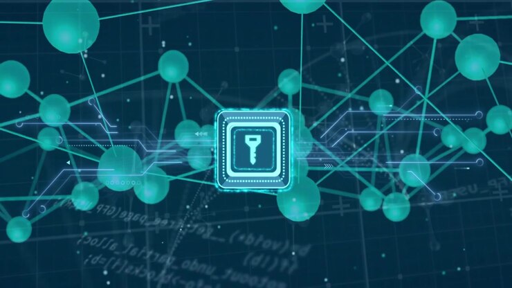 Digital Security Concept with Glowing Key Icon and Network Nodes