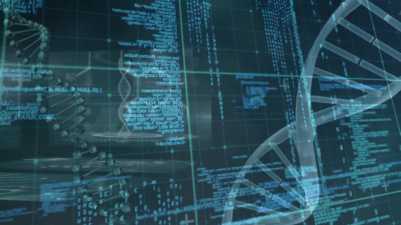 Animation of digital screen with biological data on black background