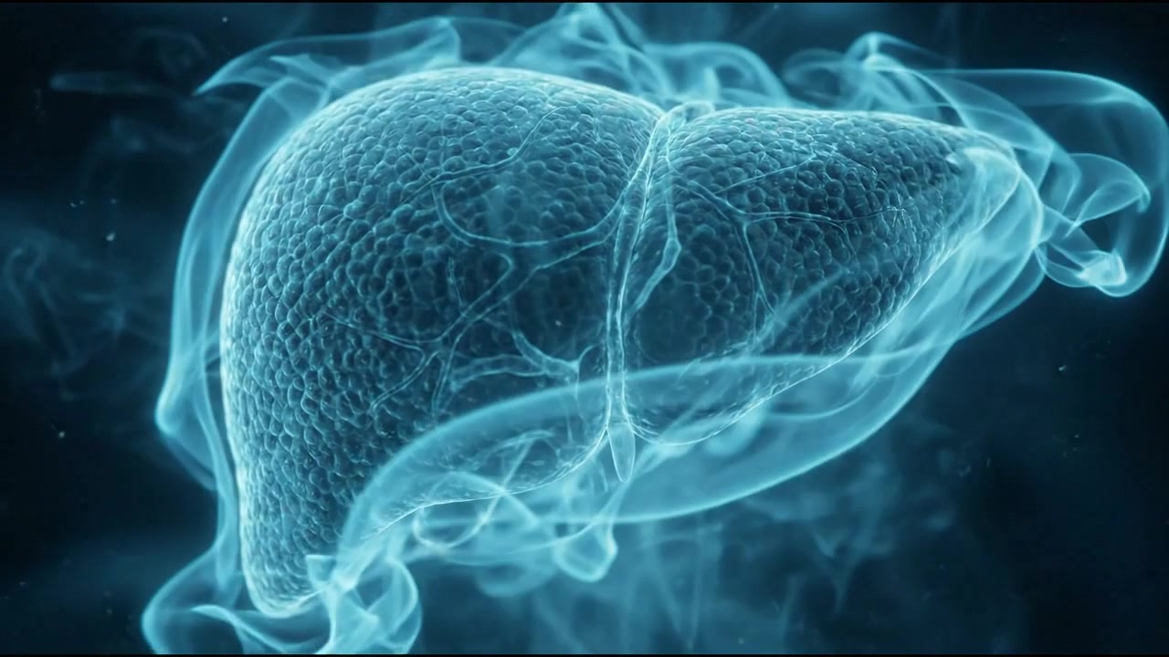 Glowing blue 3D human liver model highlighting hepatic lobes