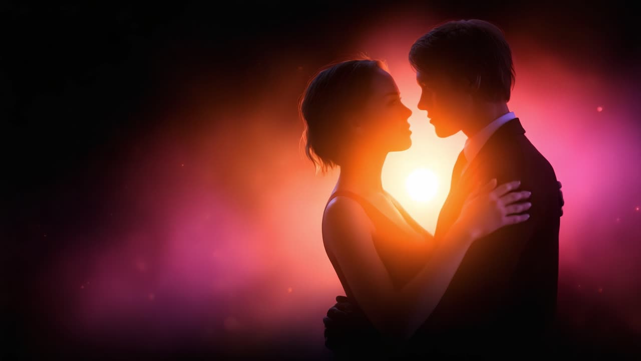 A Romantic Embrace Under Blazing Colors: A Couple Silhouetted Against an Enchanting Glow in a Dreamlike Atmosphere, Capturing Intimacy and Connection