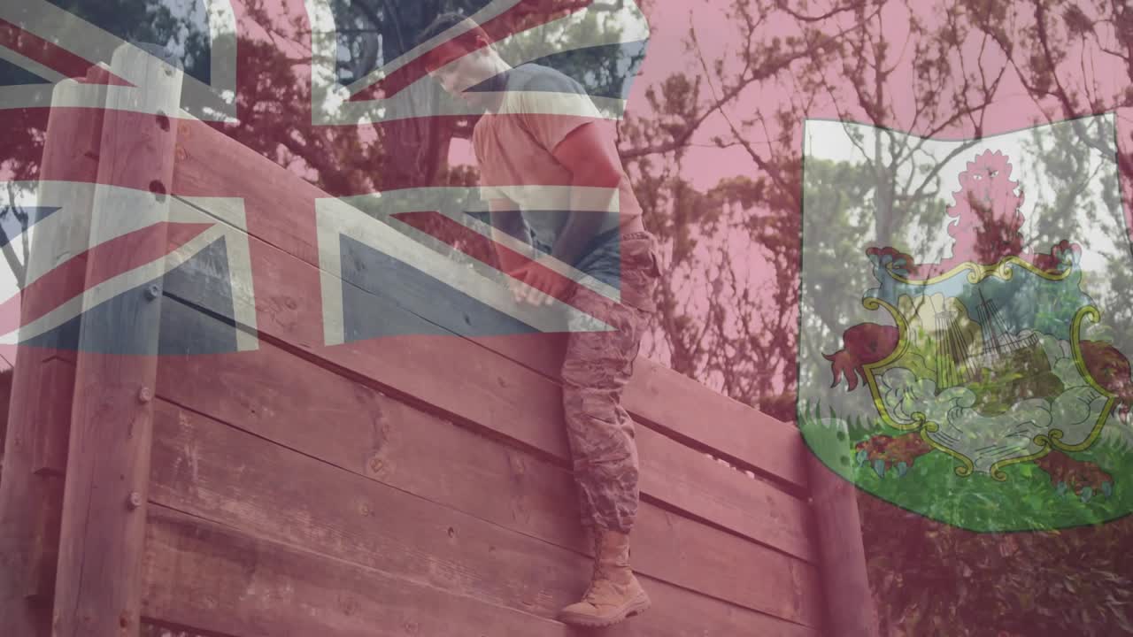 Man lifting foot onto obstacle wall, initiating climb for fitness with animated UK or Bermuda overla