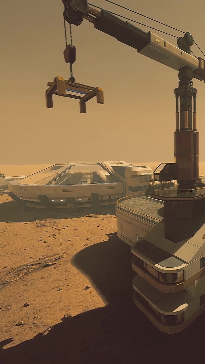 Spaceship parked near research facility on a distant planet during daytime