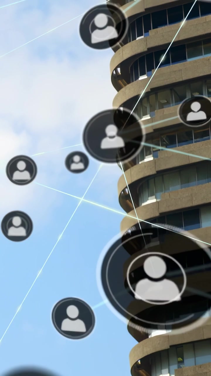 Vertikal video: Enkelt avatar kommer ind fra venstre, ikoner forbinder over tårn, visualiserer teknologinetværk