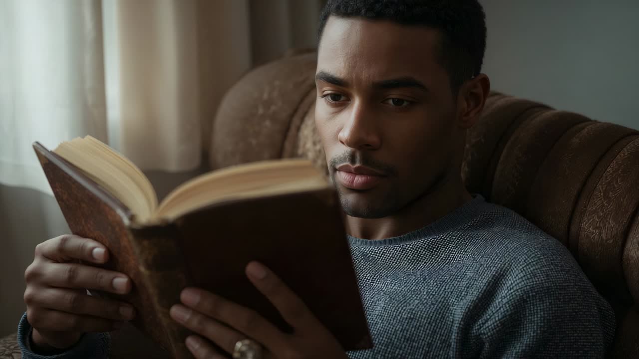 Homme lisant un livre en cuir, en train de lire des pages dans un fauteuil chez lui, vêtu d’un pull gris avec une bague