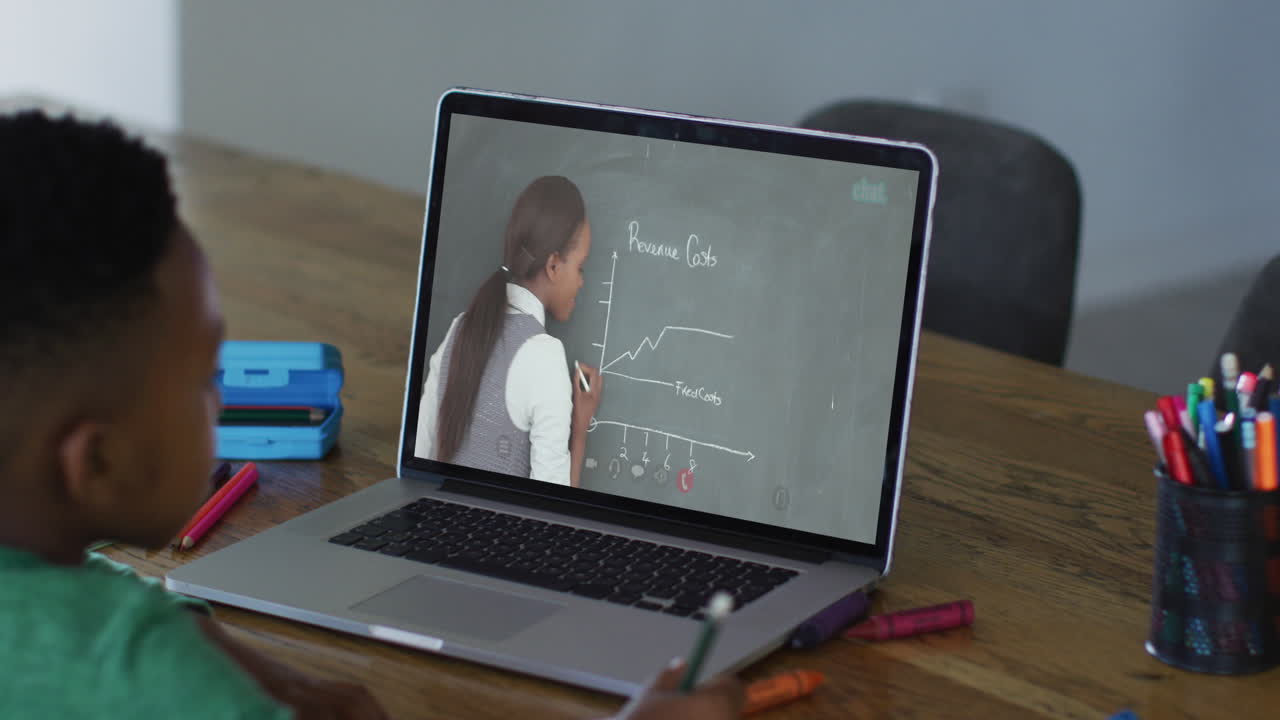 niño afroamericano haciendo la tarea mientras tiene una videollamada con una maestra en una computadora portátil en casa