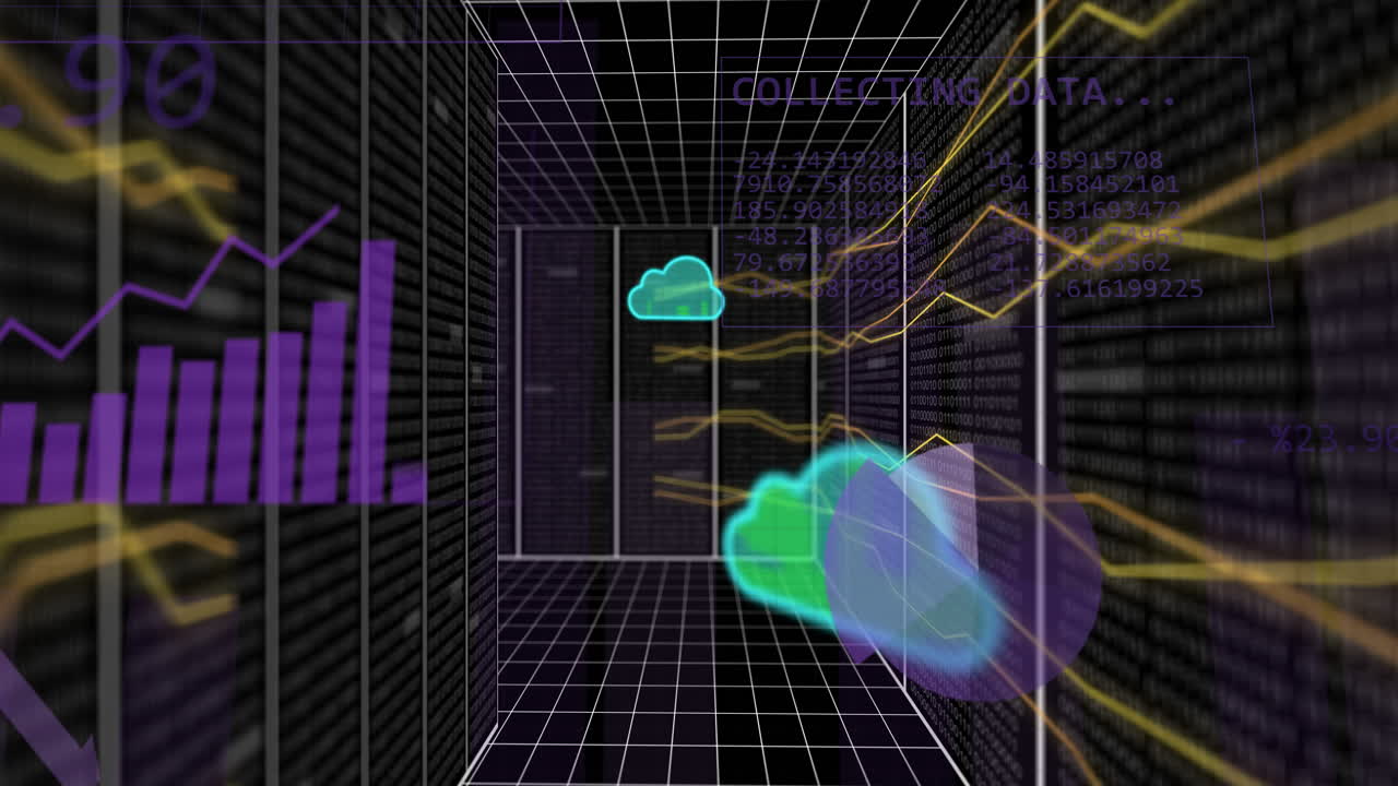 Animation of data processing and clouds over dark background