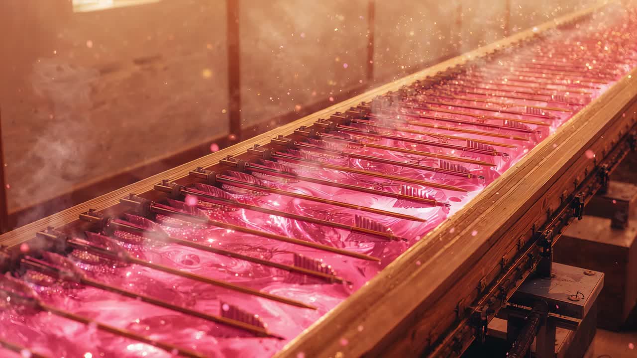 Moving long conveyor, motor driving and carrying finned parts over glowing bed for heat treatment