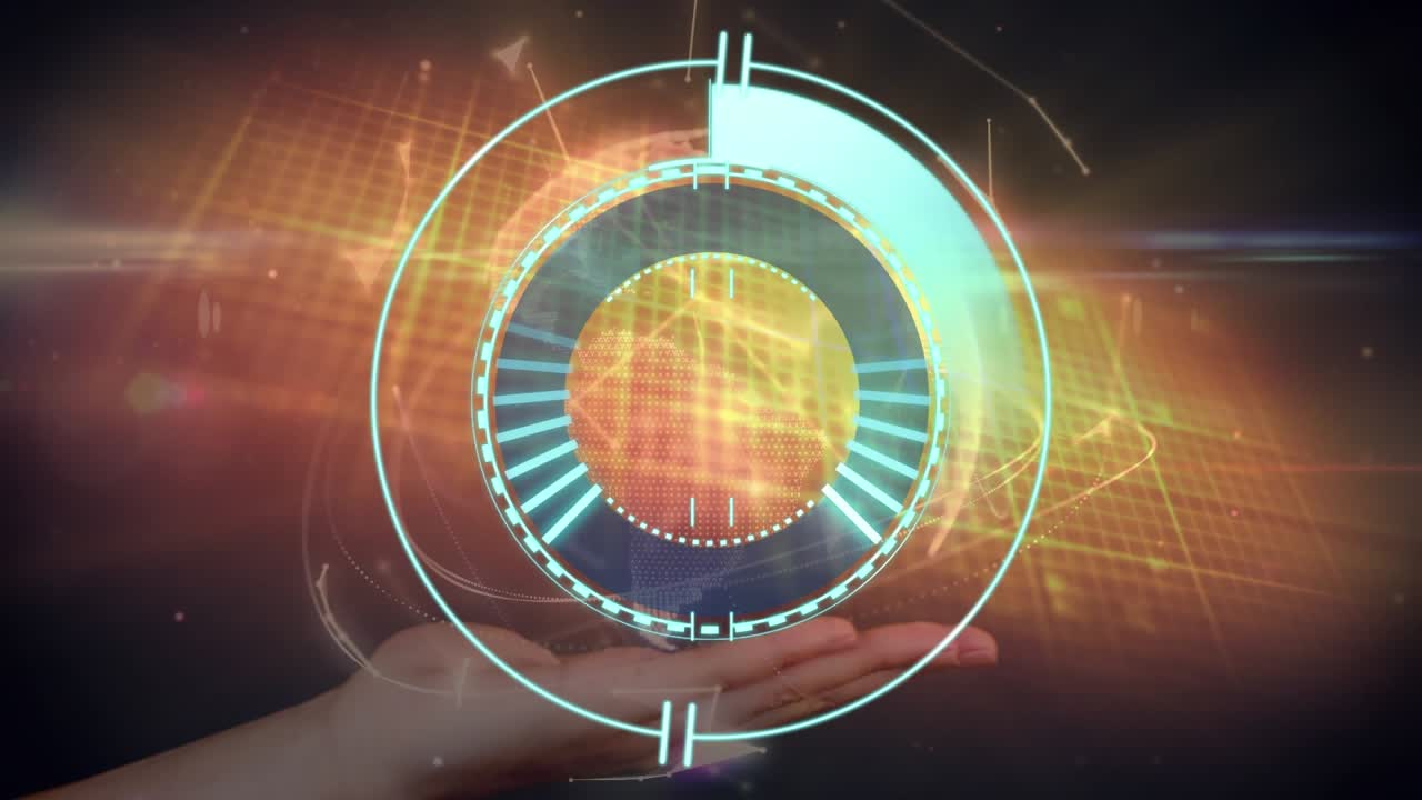 Animation af neon rund scanner og klode af plexus-netværk over en hånd mod sort baggrund.