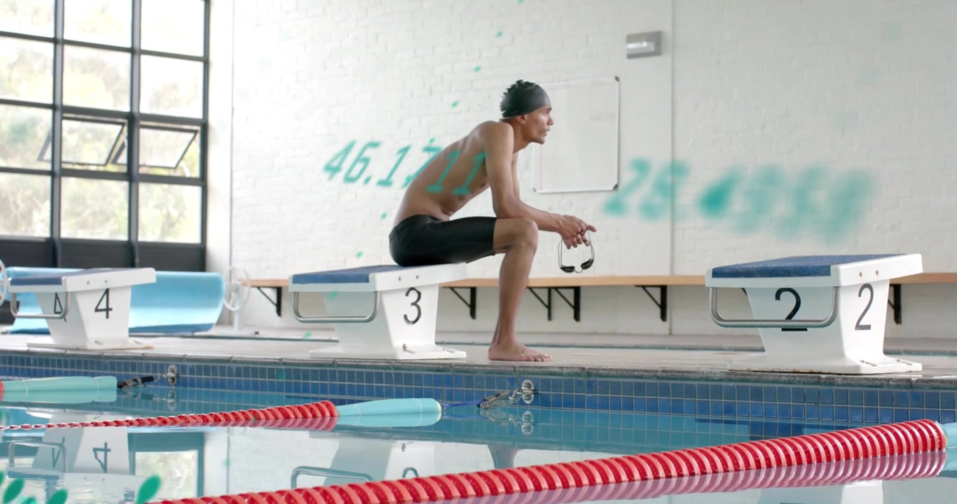 Swimmer on #3 taking breaths while green data swirling around torso for sports analytics