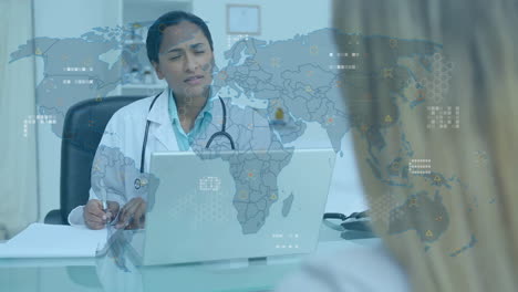 animation of data processing with world map over diverse doctor and patient