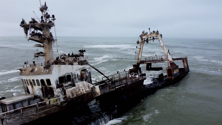 A stranded fishing boat sits motionless on a beach in Namibia