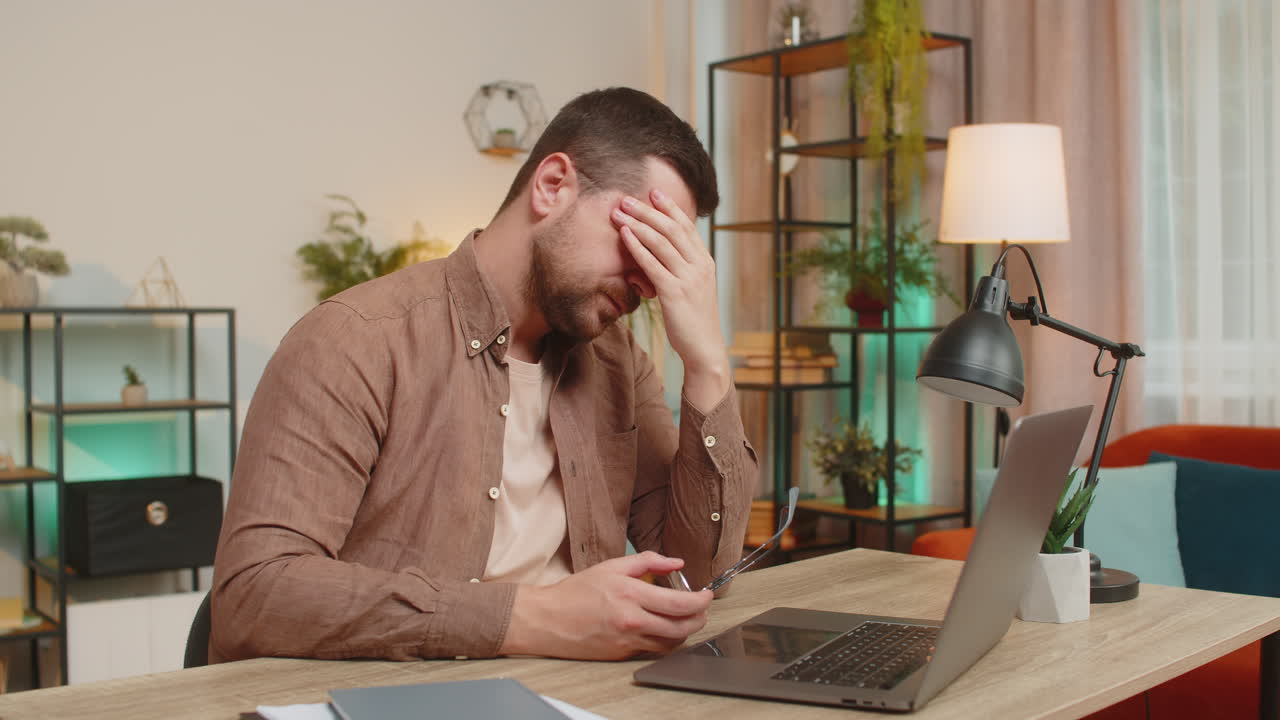 Overworked businessman suffering from eye strain and headache working on laptop sitting at table