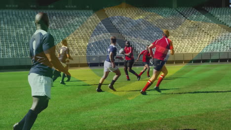 on field, rugby players competing with animation of brazilian flag overlaying