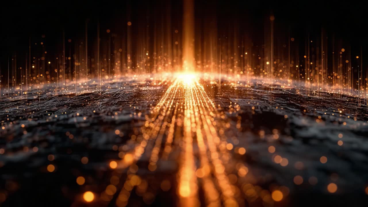Digital landscape with glowing orange particles forming lines and streams of data flowing towards a bright light on the horizon, representing network connection, big data, and technology